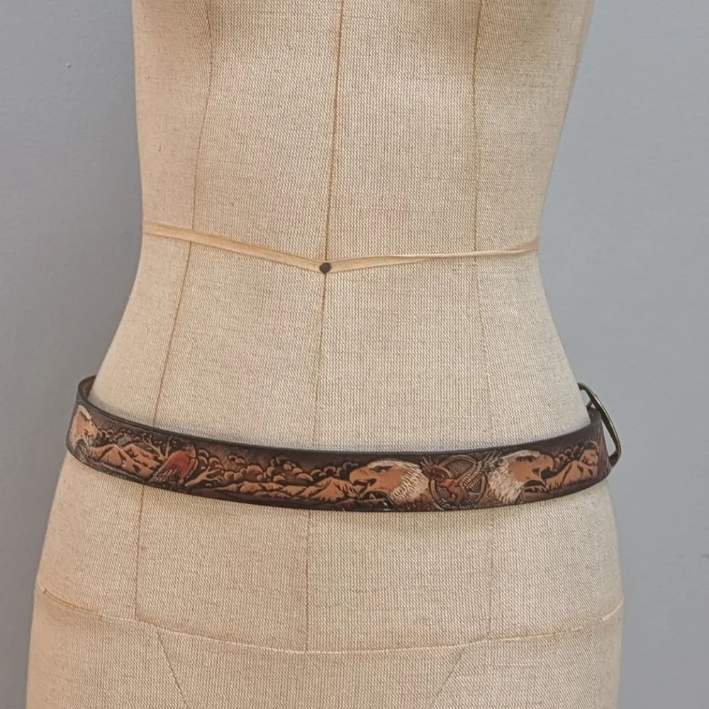 Unbranded Brown Tan Tooled Leather Eagle Belt -One Size - Needs Holes Punched